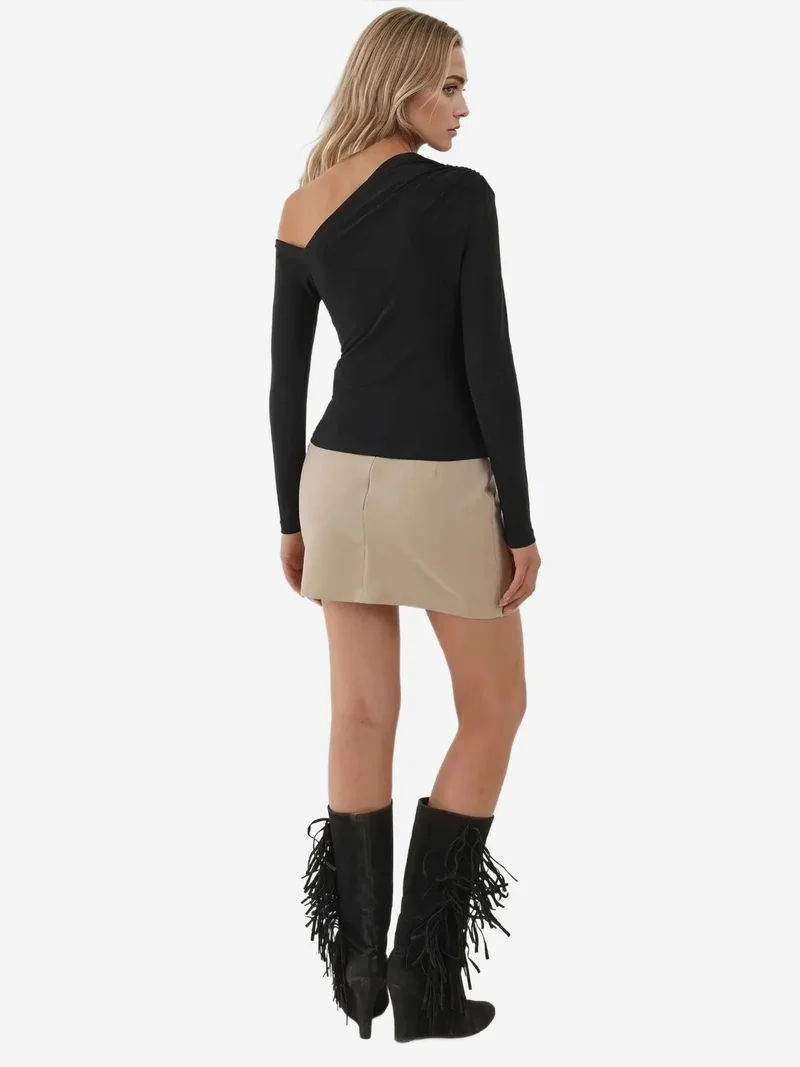 Hiccup Black Asymmetrical Collar Long Sleeve Slim Fit Soft Touch  Knit Top for Women | Best Price UAE