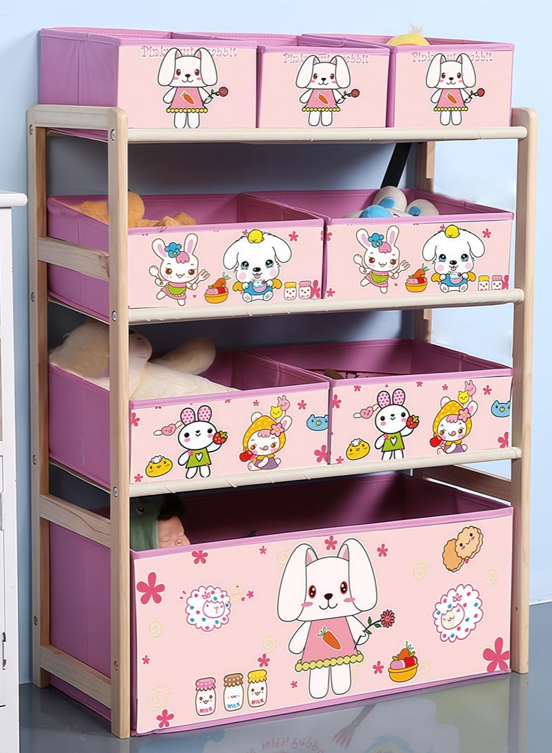 Leon Home 4 Layers Kids Toy Storage Box with 8 Patterned Canvas Boxes Removable Boxes for Kids Room, Living Room, Toy Box and Storage Cabinet, Toy Storage Box, Toddler Playroom Display Rack (Pink White Rabbit) - Image 1