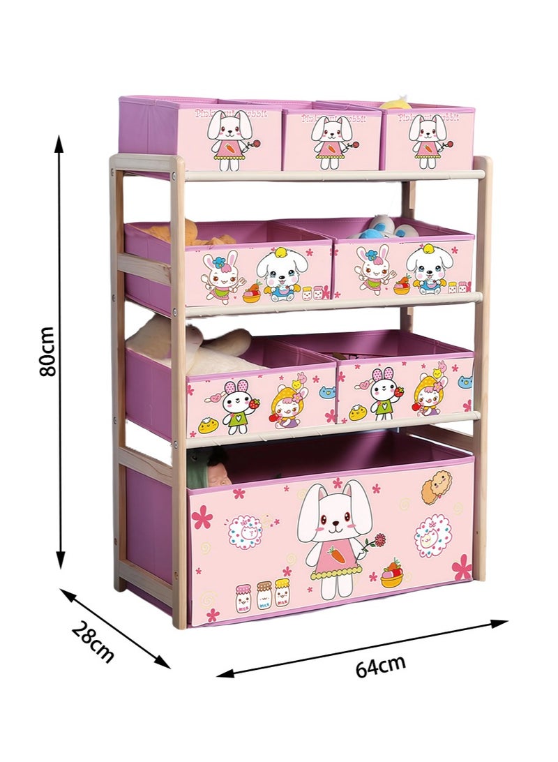 Leon Home 4 Layers Kids Toy Storage Box with 8 Patterned Canvas Boxes Removable Boxes for Kids Room, Living Room, Toy Box and Storage Cabinet, Toy Storage Box, Toddler Playroom Display Rack (Pink White Rabbit) - Image 4