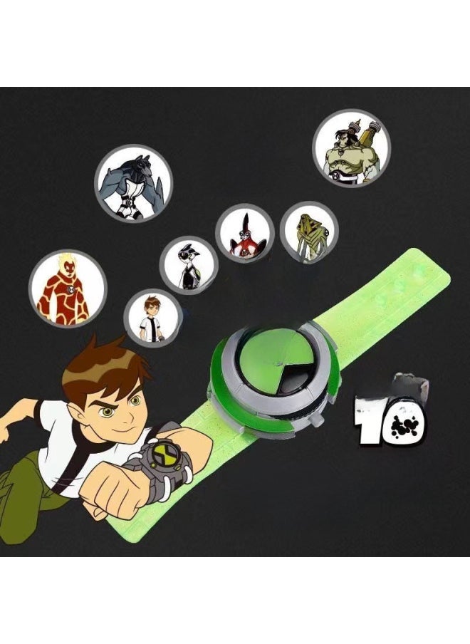 Earth Defender Teenage Hacker Ben10 Children's Transformer Sound Luminous Projection Watch Small Toy-Color:C Green Watch