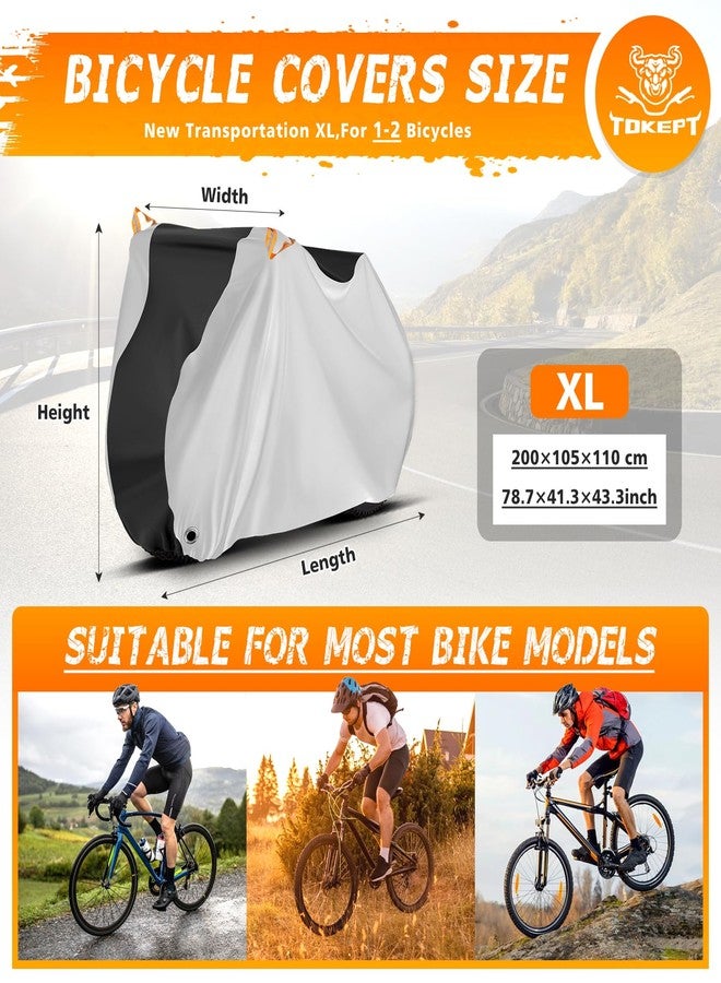Tokept Bike Cover, Outdoor Waterproof Bicycle Cover for Rain /Sun /Dust /Wind Protection, Bicycle Accessories with Lock Hole and Storage Bag, Suitable for Mountain Road E-Bikes, Black/Silver (Fits 1-2 Bikes) - Image 2