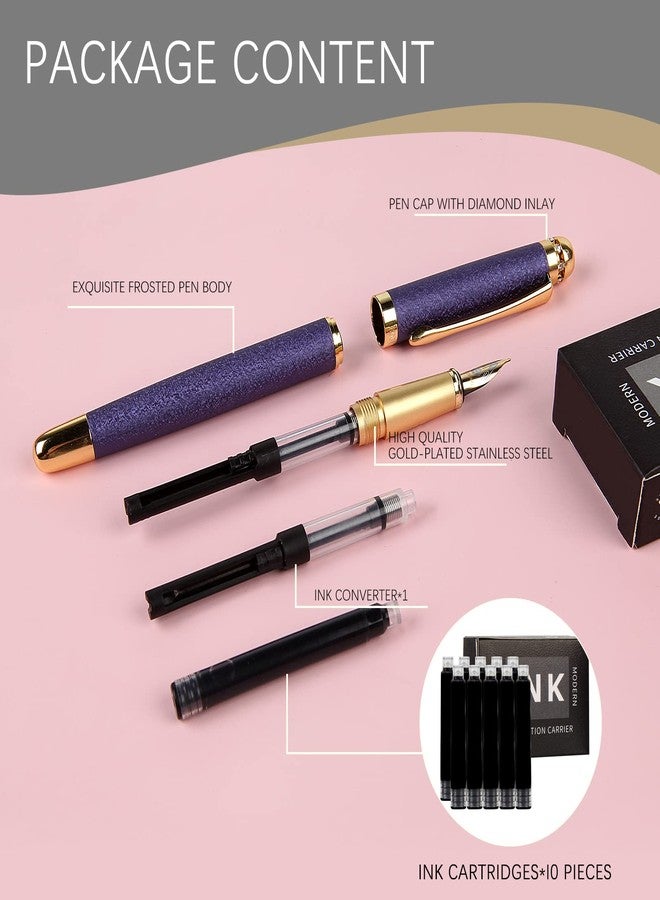 Bociyer fountain pen-Multiple color styles with rhinestone,diamond inlay and frosted finish,Cute pens,Luxury pen,Office pens,Best pen set,Includes 10 Ink Cartridges and Ink Refill Converter(Purple) - Image 2