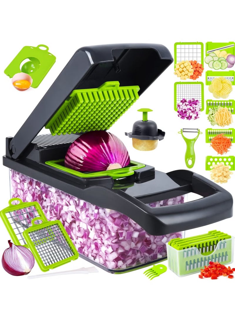 A ZONE Vegetable Chopper, Pro Onion Chopper, 14 in 1Multifunctional Food Chopper, Kitchen Vegetable Slicer Dicer Cutter,Veggie Chopper With 8 Blades,Carrot and Garlic Chopper With Container (Grey / Green) - Image 1