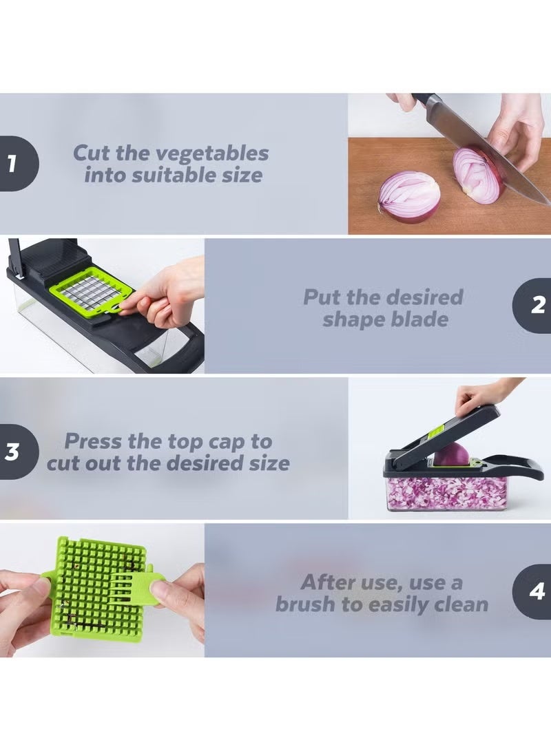 A ZONE Vegetable Chopper, Pro Onion Chopper, 14 in 1Multifunctional Food Chopper, Kitchen Vegetable Slicer Dicer Cutter,Veggie Chopper With 8 Blades,Carrot and Garlic Chopper With Container (Grey / Green) - Image 2