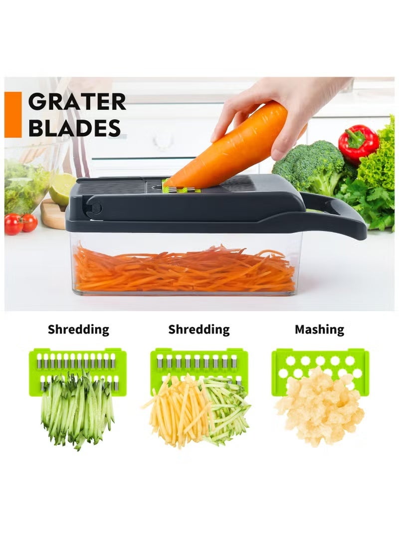 A ZONE Vegetable Chopper, Pro Onion Chopper, 14 in 1Multifunctional Food Chopper, Kitchen Vegetable Slicer Dicer Cutter,Veggie Chopper With 8 Blades,Carrot and Garlic Chopper With Container (Grey / Green) - Image 5