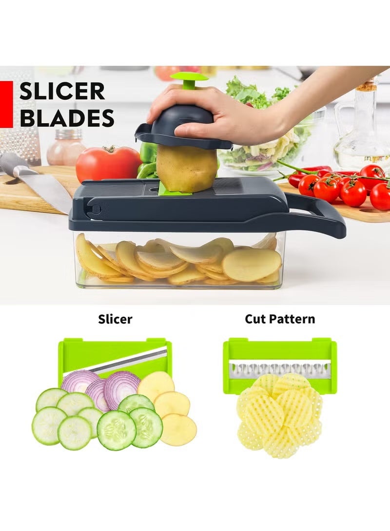 A ZONE Vegetable Chopper, Pro Onion Chopper, 14 in 1Multifunctional Food Chopper, Kitchen Vegetable Slicer Dicer Cutter,Veggie Chopper With 8 Blades,Carrot and Garlic Chopper With Container (Grey / Green) - Image 4