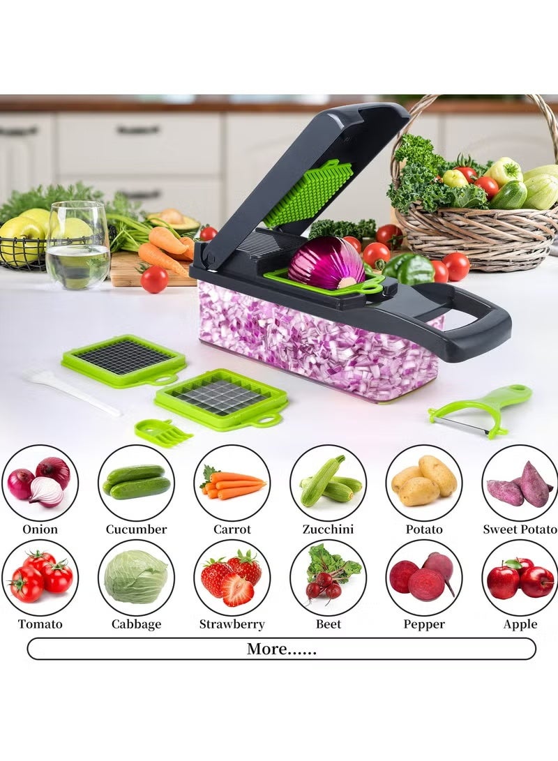 A ZONE Vegetable Chopper, Pro Onion Chopper, 14 in 1Multifunctional Food Chopper, Kitchen Vegetable Slicer Dicer Cutter,Veggie Chopper With 8 Blades,Carrot and Garlic Chopper With Container (Grey / Green) - Image 3