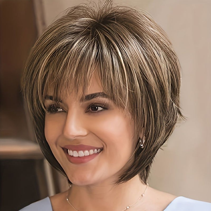 Brown Short Wig 12 Inch For Women Layered Pixie Cut With Blonde Highlights Looking Synthetic Hair - Image 1