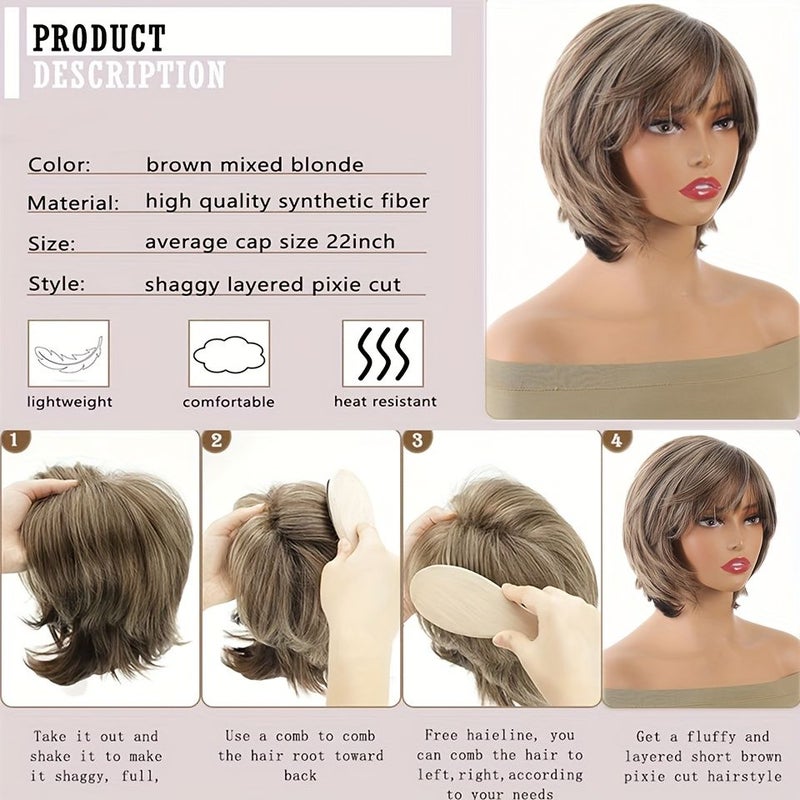 Brown Short Wig 12 Inch For Women Layered Pixie Cut With Blonde Highlights Looking Synthetic Hair - Image 2