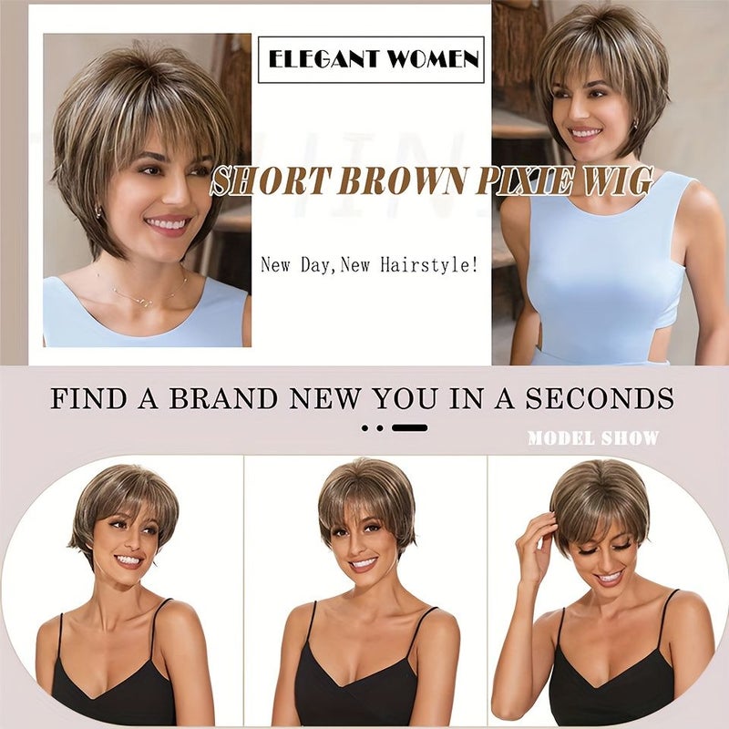 Brown Short Wig 12 Inch For Women Layered Pixie Cut With Blonde Highlights Looking Synthetic Hair - Image 3