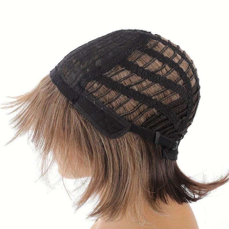 Brown Short Wig 12 Inch For Women Layered Pixie Cut With Blonde Highlights Looking Synthetic Hair - Image 5