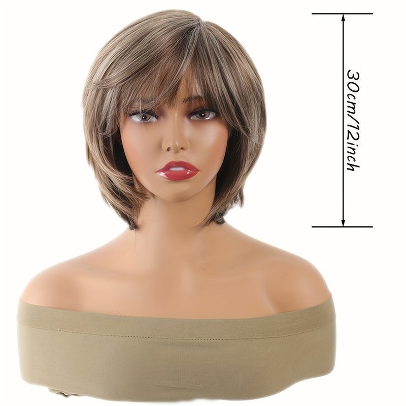 Brown Short Wig 12 Inch For Women Layered Pixie Cut With Blonde Highlights Looking Synthetic Hair - Image 4