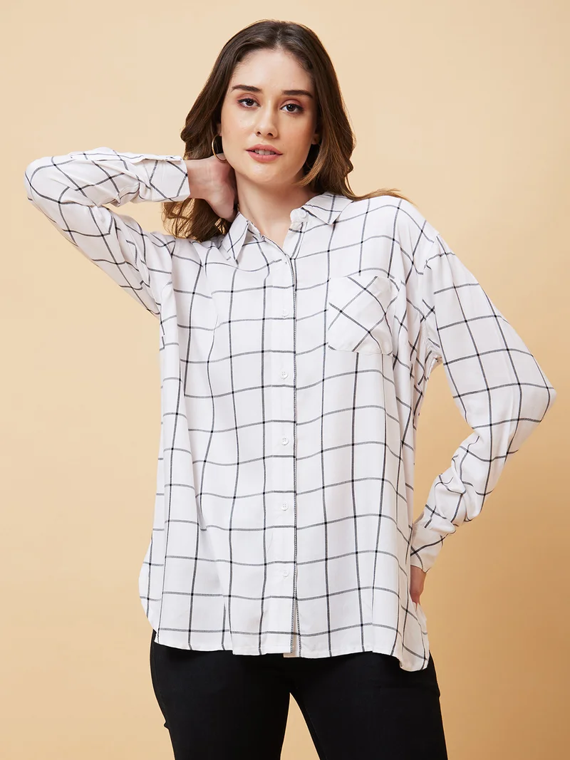globus Women Windowpane Checked Oversized Casual Shirt