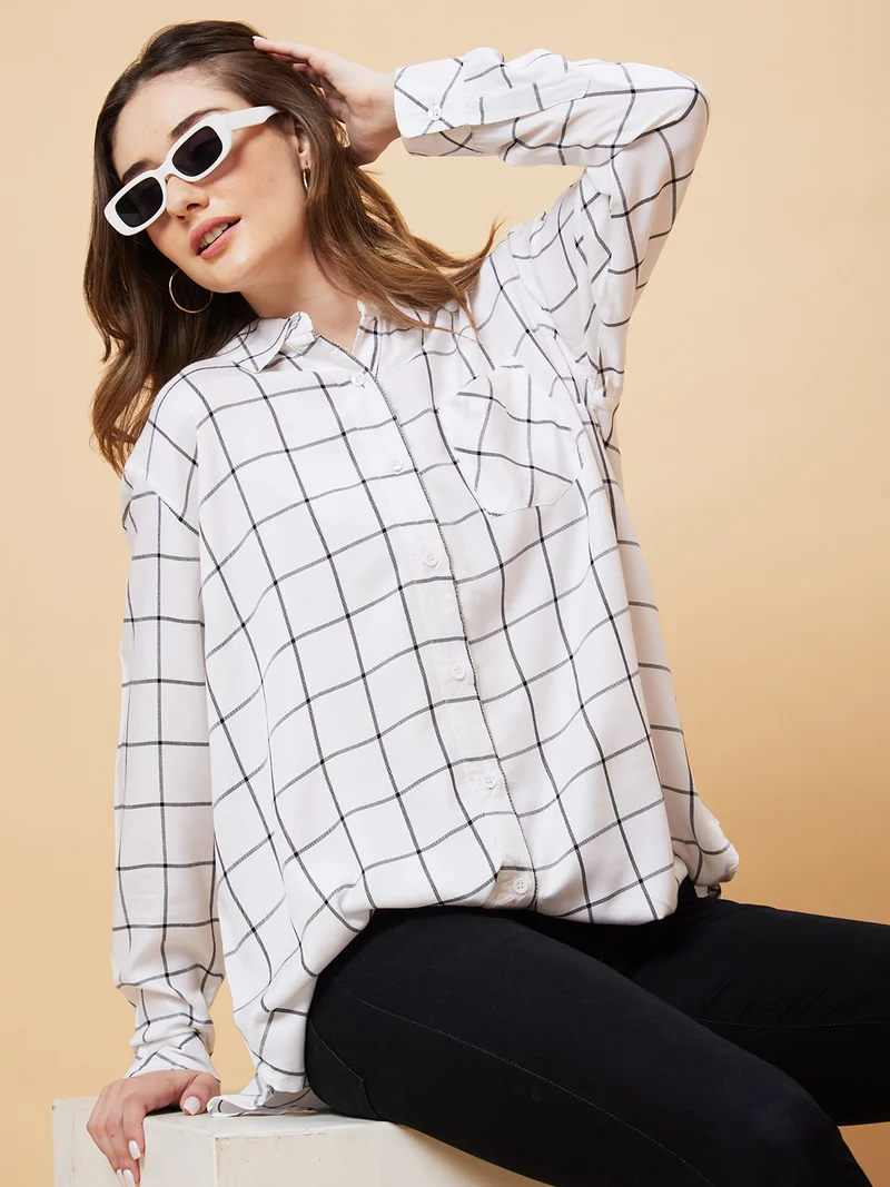 globus Women Windowpane Checked Oversized Casual Shirt