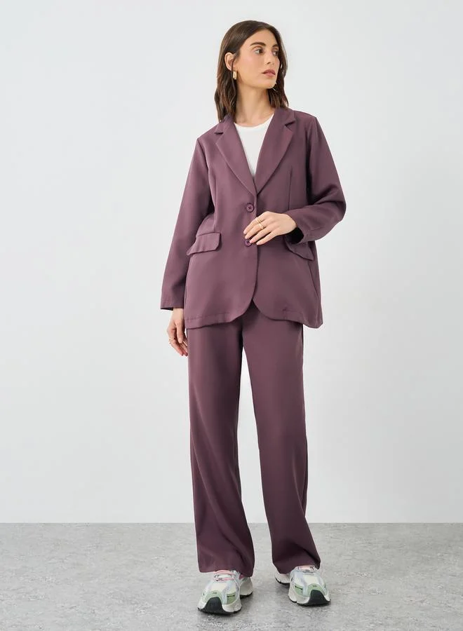 تايك تو Take Two Solid Notch Label Blazer and Wide Leg Pants Co-Ords