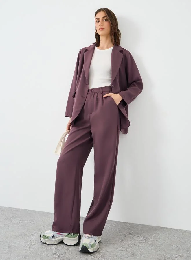 تايك تو Take Two Solid Notch Label Blazer and Wide Leg Pants Co-Ords