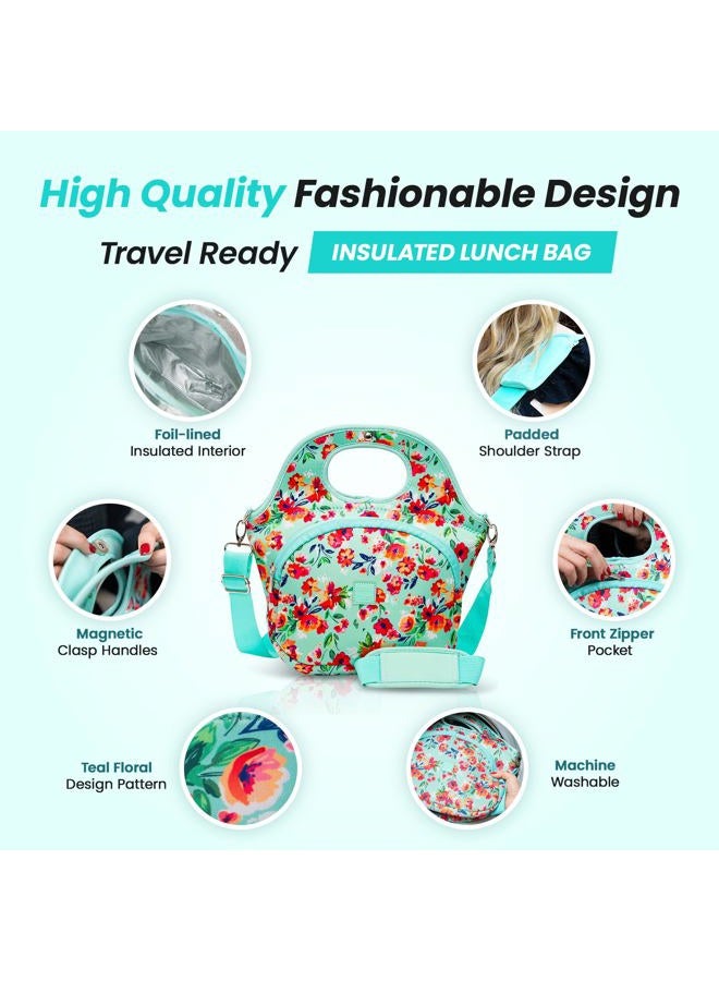 Made Easy Kit Large Insulated Lunch Tote Bag – Stylish Neoprene Carrier Foil Lining, Front Zipper Pocket & Shoulder Strap – Machine Washable, Lightweight, Travel Ready (Teal Floral) - Image 5