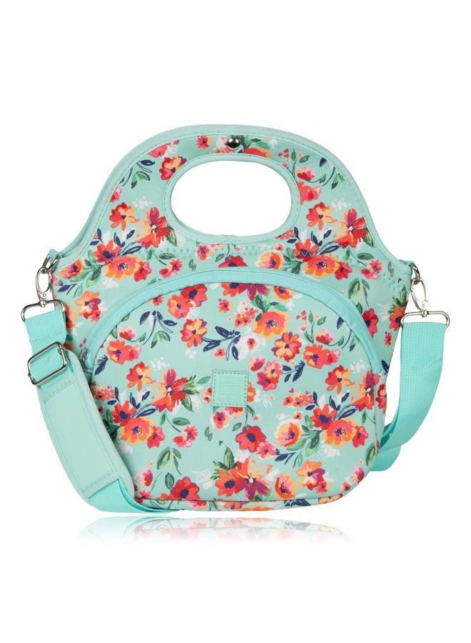 Made Easy Kit Large Insulated Lunch Tote Bag – Stylish Neoprene Carrier Foil Lining, Front Zipper Pocket & Shoulder Strap – Machine Washable, Lightweight, Travel Ready (Teal Floral) - Image 1