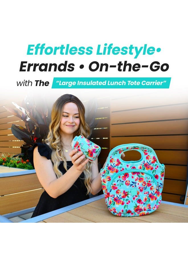 Made Easy Kit Large Insulated Lunch Tote Bag – Stylish Neoprene Carrier Foil Lining, Front Zipper Pocket & Shoulder Strap – Machine Washable, Lightweight, Travel Ready (Teal Floral) - Image 2