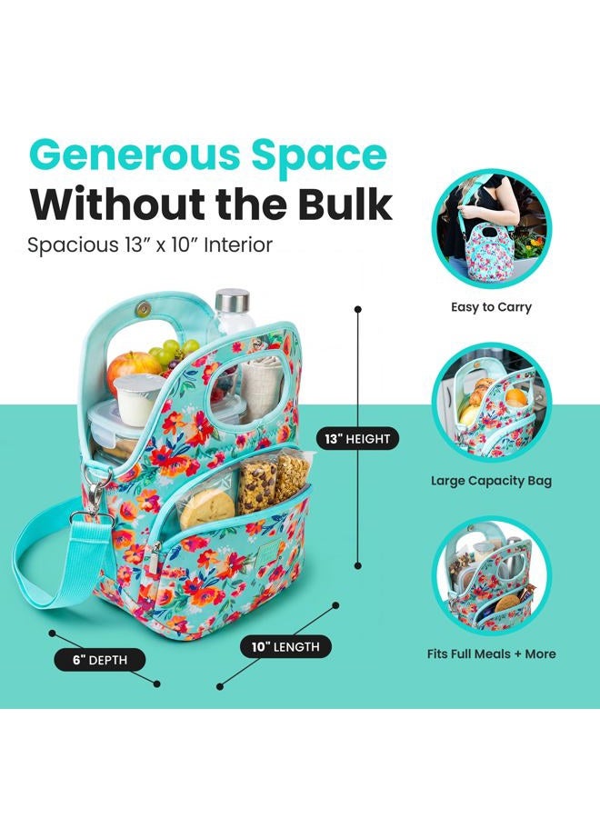 Made Easy Kit Large Insulated Lunch Tote Bag – Stylish Neoprene Carrier Foil Lining, Front Zipper Pocket & Shoulder Strap – Machine Washable, Lightweight, Travel Ready (Teal Floral) - Image 3