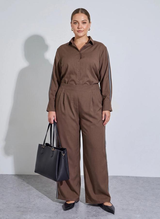 Styli Plus Size Brown Wide Leg Trousers with Side Stripe Detail - Image 2