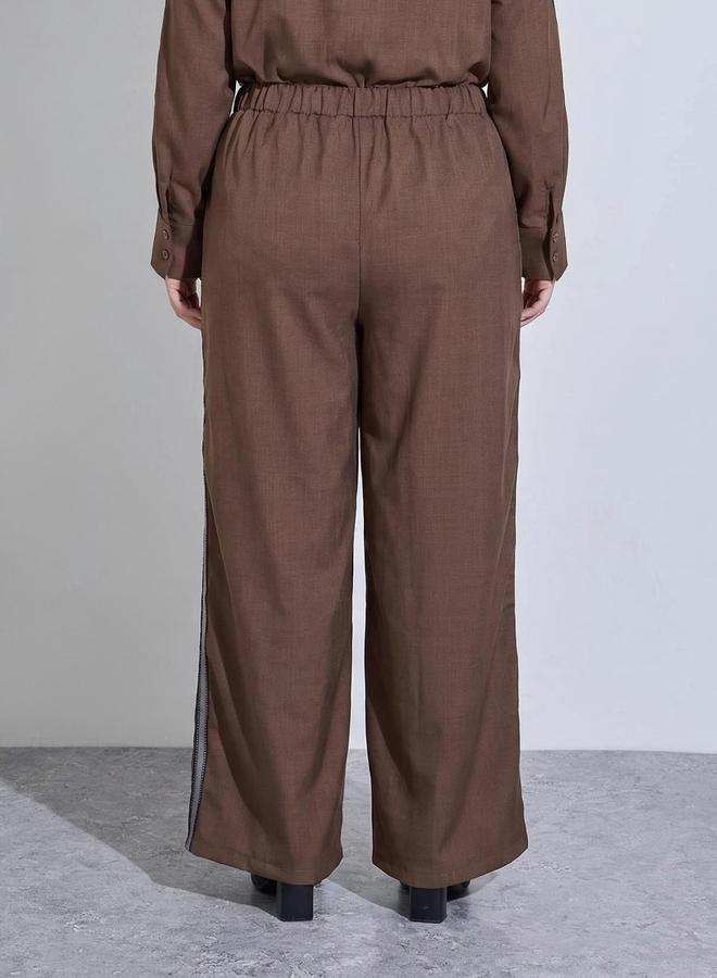 Styli Plus Size Brown Wide Leg Trousers with Side Stripe Detail - Image 4