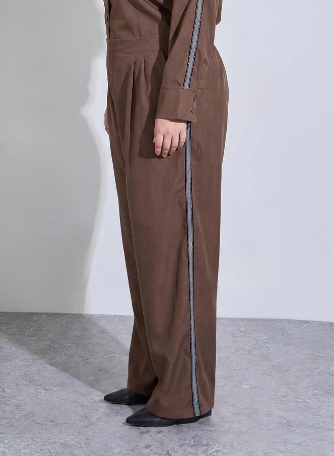 Styli Plus Size Brown Wide Leg Trousers with Side Stripe Detail - Image 1