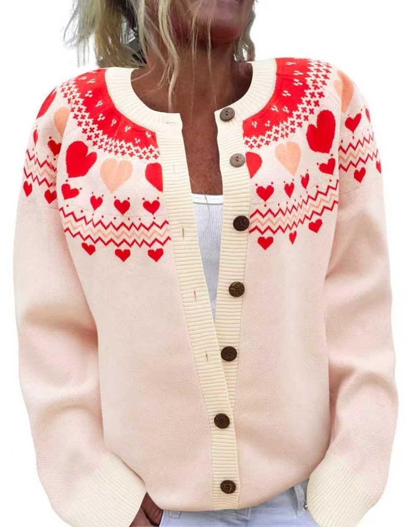 Beopjesk Women's Funny Winter Long Sleeve Valentine's Day Button Knit Cardigan Sweater Heart Vintage Knitted Outerwear (Valentine-Beige,L) - Image 1