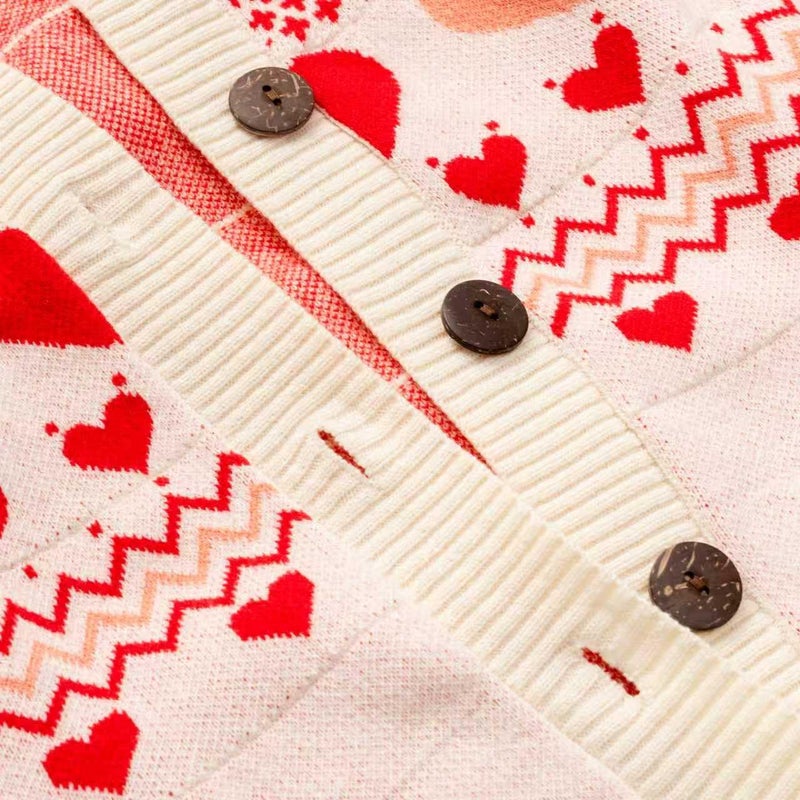 Beopjesk Women's Funny Winter Long Sleeve Valentine's Day Button Knit Cardigan Sweater Heart Vintage Knitted Outerwear (Valentine-Beige,L) - Image 3
