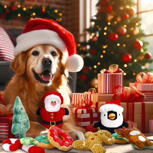Suilung 8 Pack Christmas Dog Toys Durable Squeaky Dog Toys for Puppy Christmas Interactive Stuffed Animal Plush Chew Toys with Squeaker for Small Medium Large Dogs Teeth Cleaning - Image 5