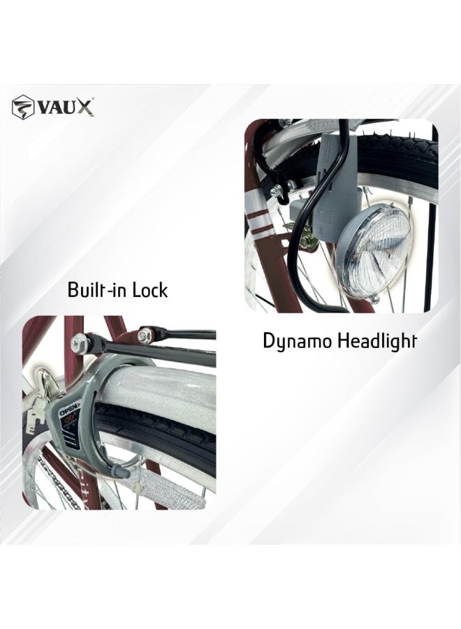 Vaux Comfort City Bicycle 26” with Basket & Rear Carrier, Built-in Lock, Dynamo Headlight, Steel Frame, Front Caliper & Rear Drum Brake – Adult Commuter Bike - Image 5