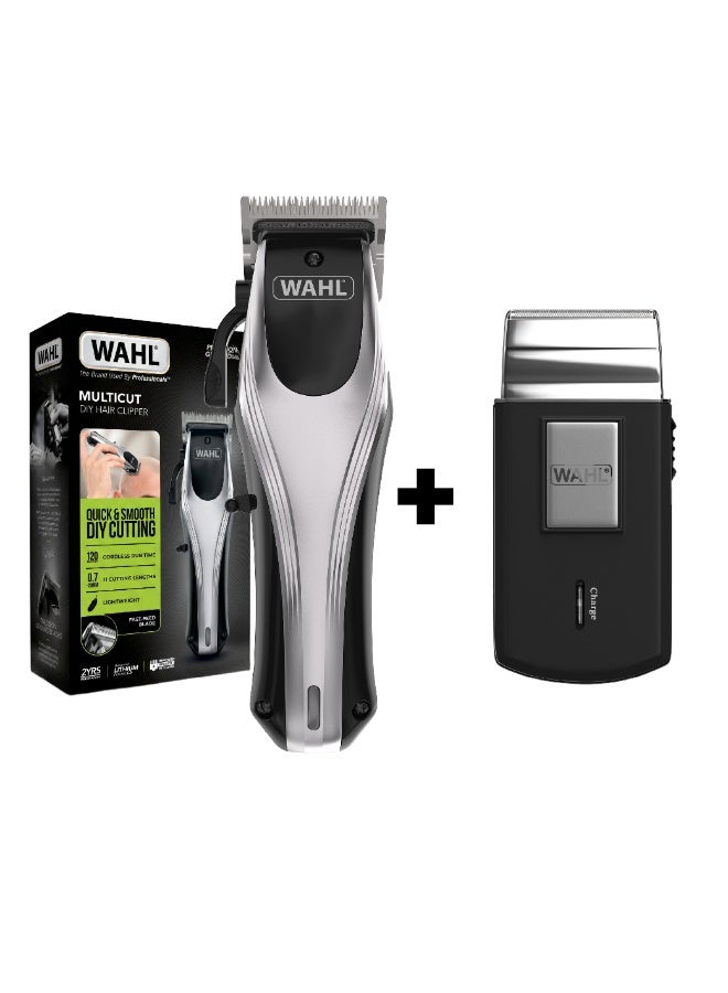 WAHL Multi Cut Pro Lithium Ion Rechargeable Hair Clipper Kit Silver/Black 0.6kg & WAHL Travel Shaver, Wet & Dry Shave, 45 Minutes Cordless Runtime, Travel Friendly, 3615-1027 Black/Silver Bundle - Image 1