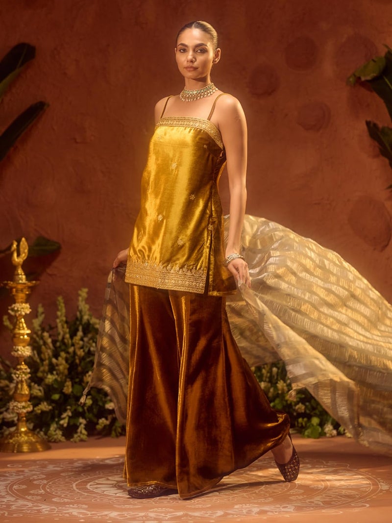 FIORRA Women Ocher Yellow Ice Velvet Embroidered Kurta Set with Dupatta SET0256 - Image 3