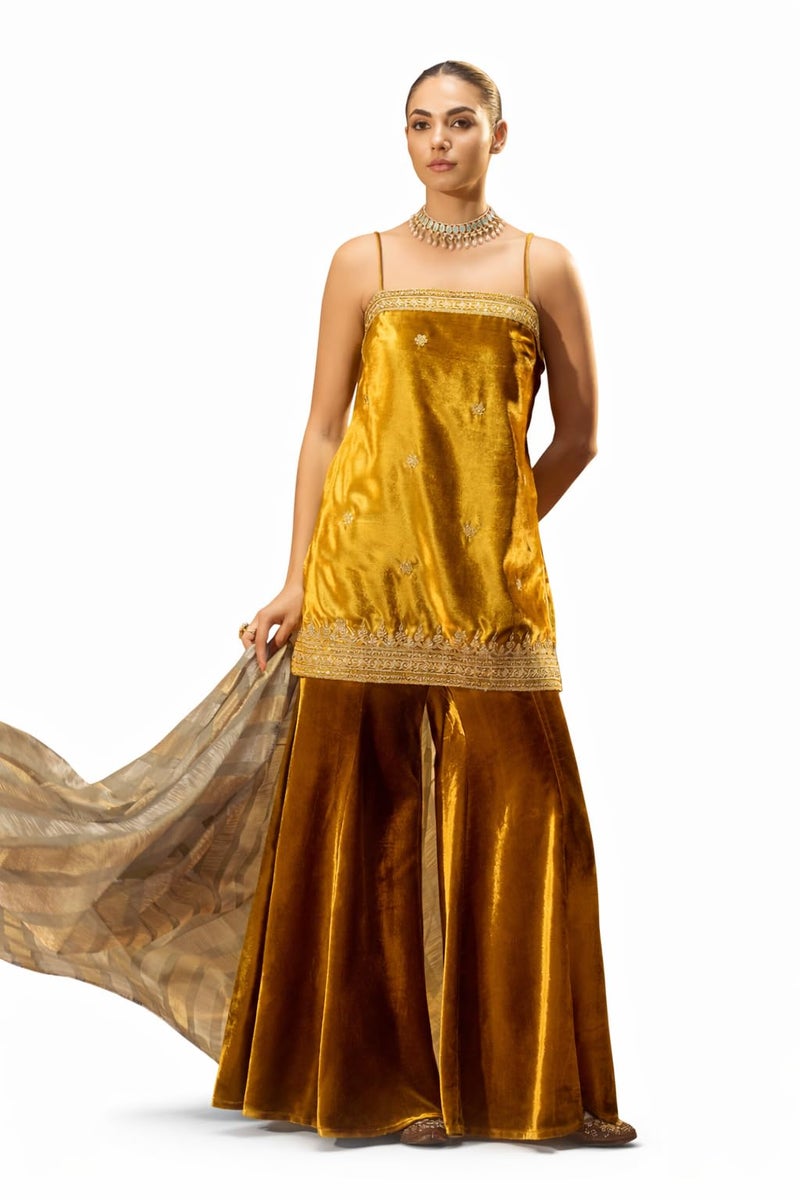 FIORRA Women Ocher Yellow Ice Velvet Embroidered Kurta Set with Dupatta SET0256 - Image 1