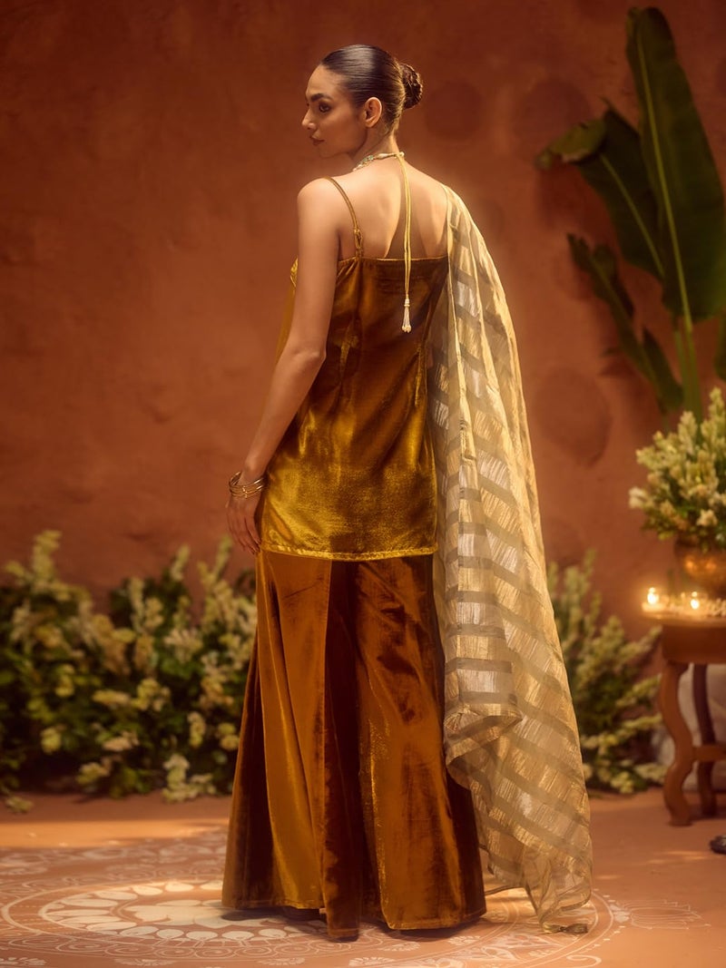 FIORRA Women Ocher Yellow Ice Velvet Embroidered Kurta Set with Dupatta SET0256 - Image 2