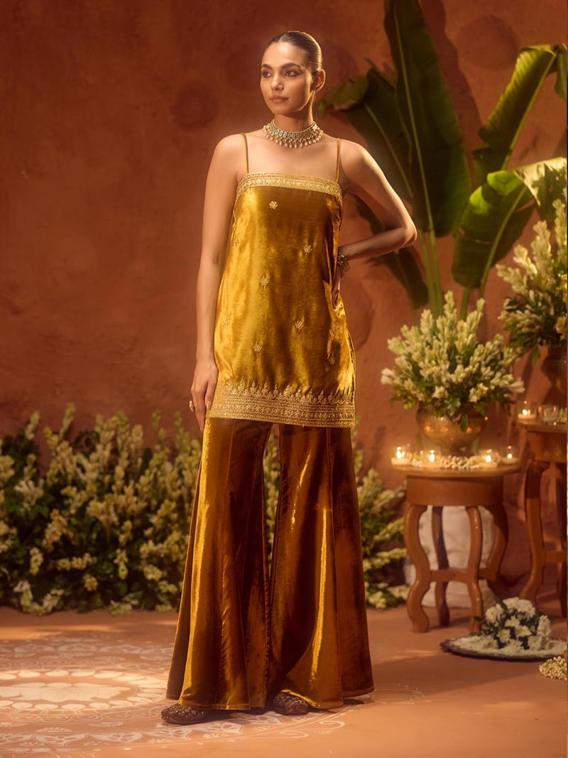 FIORRA Women Ocher Yellow Ice Velvet Embroidered Kurta Set with Dupatta SET0256 - Image 4