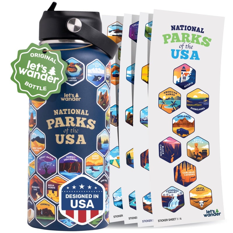 LET'S WANDER Original National Parks Water Bottle with 63 Waterproof Stickers - 32oz Leakproof Insulated Stainless Steel with Straw - USA Hiker Gift Bottle (Blue) - Image 1