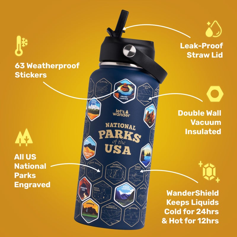 LET'S WANDER Original National Parks Water Bottle with 63 Waterproof Stickers - 32oz Leakproof Insulated Stainless Steel with Straw - USA Hiker Gift Bottle (Blue) - Image 3