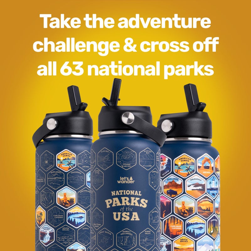 LET'S WANDER Original National Parks Water Bottle with 63 Waterproof Stickers - 32oz Leakproof Insulated Stainless Steel with Straw - USA Hiker Gift Bottle (Blue) - Image 4