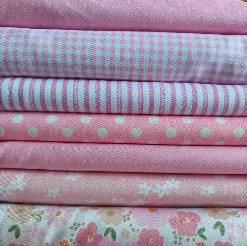 Hasoar 7PCS 9.8" x 9.8"(25 * 25CM) Quilting Fat Quarters Fabric Bundles, for Sewing Crafting,Print Floral Striped Polka Dot 100% Cotton Gingham Fabric (Mix Pink, 25 * 25cm) - Image 1