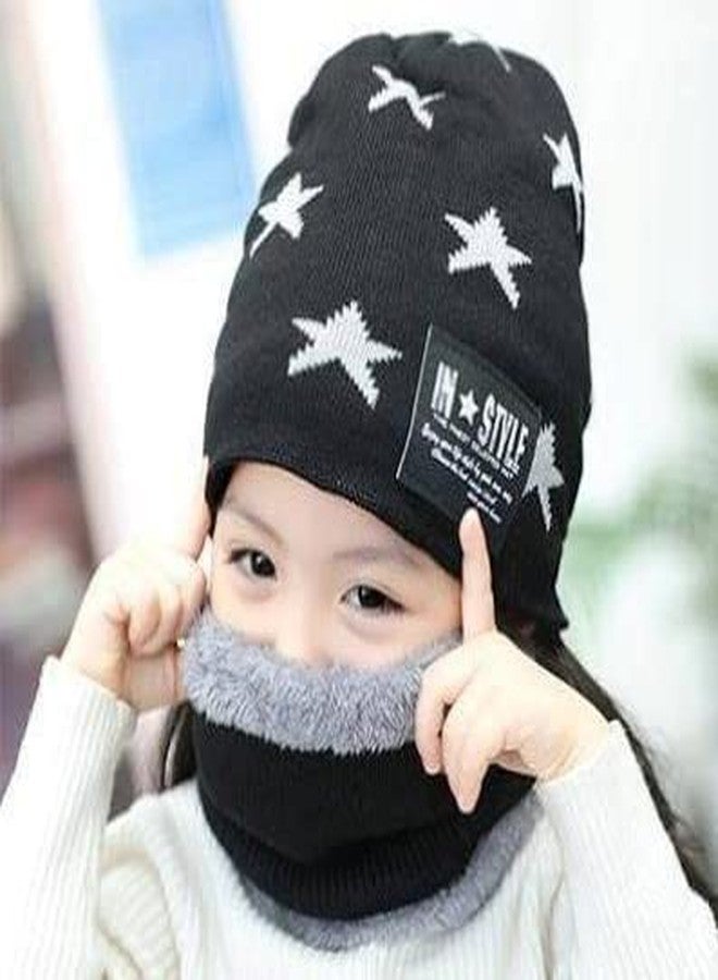 V3E قبعة صوفية مطبوعة بنجوم للأطفال من V3E، مناسبة للأولاد والبنات، مع وشاح للرقبة (أسود) - Image 3