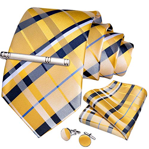 DiBanGu Plaid Ties for Men Silk Checkered Necktie and Pocket Square Cufflinks Tie Clip Set with Gift Box for Wedding Business, Yellow - Image 3