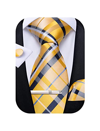 DiBanGu Plaid Ties for Men Silk Checkered Necktie and Pocket Square Cufflinks Tie Clip Set with Gift Box for Wedding Business, Yellow - Image 1