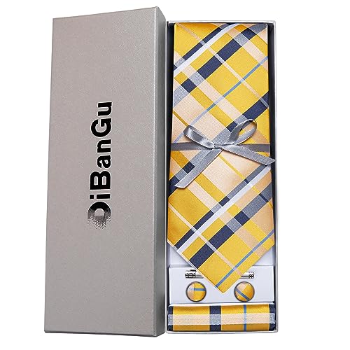 DiBanGu Plaid Ties for Men Silk Checkered Necktie and Pocket Square Cufflinks Tie Clip Set with Gift Box for Wedding Business, Yellow - Image 4