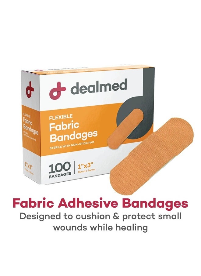 Dealmed - Sterile Flexible Fabric Adhesive Bandages – 1x3 Inch – 100/Box - Breathable First Aid Strip Pack - Soft Stretch Wound Patch for Medical, Emergency Kits & Clinic - Image 1