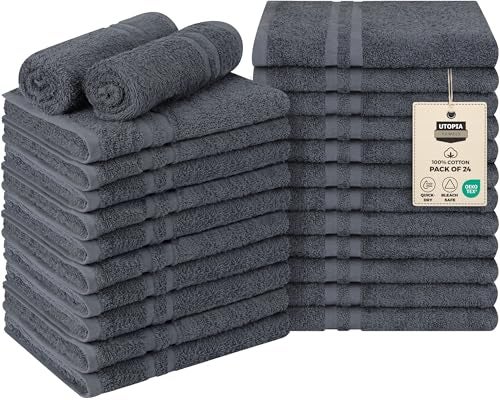 Utopia Towels Cotton Bleach Proof Salon Towel 16 by 27 inches Bleach Safe Gym 100 Cotton Hand Towel 24 Pack Dark Grey
