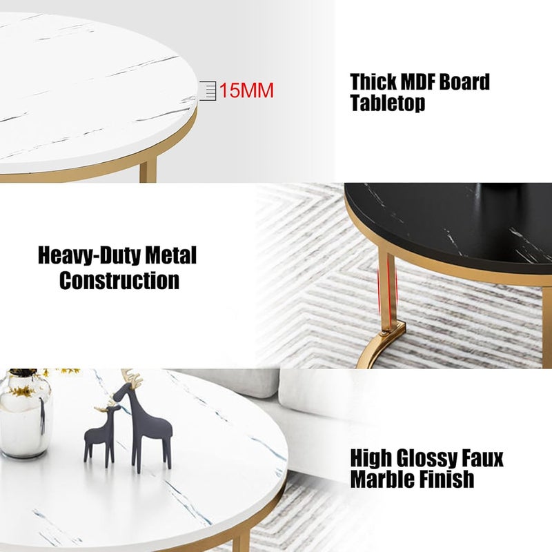HI-FINE Nesting Table, Coffee Table Set, Golden Frame Circular Round and Marble Pattern Wooden Tables for Living Room Bedroom Apartment (Black) - Image 5