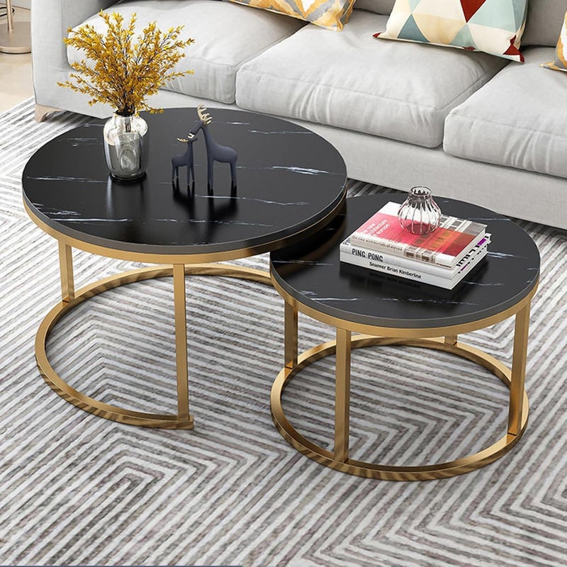 HI-FINE Nesting Table, Coffee Table Set, Golden Frame Circular Round and Marble Pattern Wooden Tables for Living Room Bedroom Apartment (Black) - Image 2
