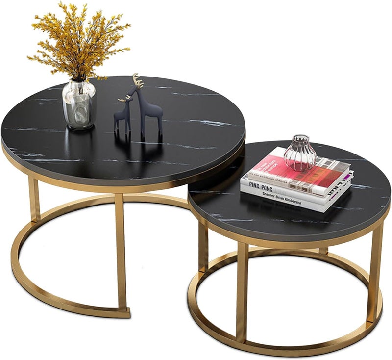 HI-FINE Nesting Table, Coffee Table Set, Golden Frame Circular Round and Marble Pattern Wooden Tables for Living Room Bedroom Apartment (Black) - Image 1