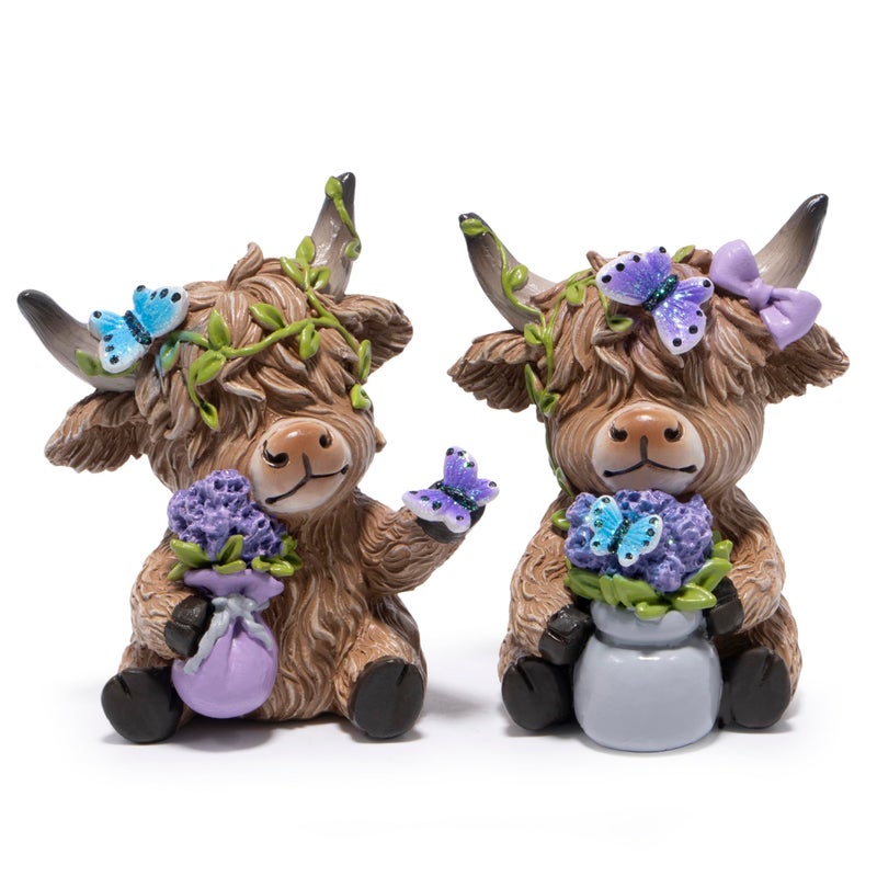 Hodao Highland Cow Figurines with Lavender Rustic Farmhouse Highland Cow Statue Home Decor Relaxing Farmhouse Table Decor Gift for Retired Women Garden Living Room Decoration Purple - Image 2